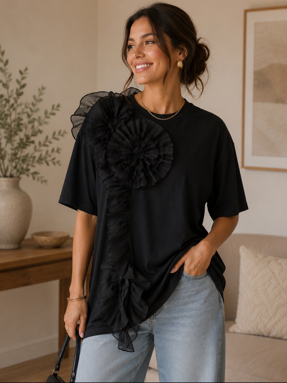 ShopEvelynne Black Floral Ruffle Tee